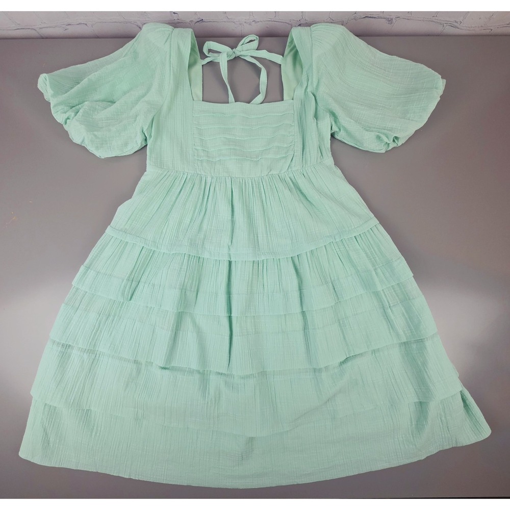 Easel Womens Midi Fit Flare Dress Layered Size Medium Green Milkmaid Prairie...